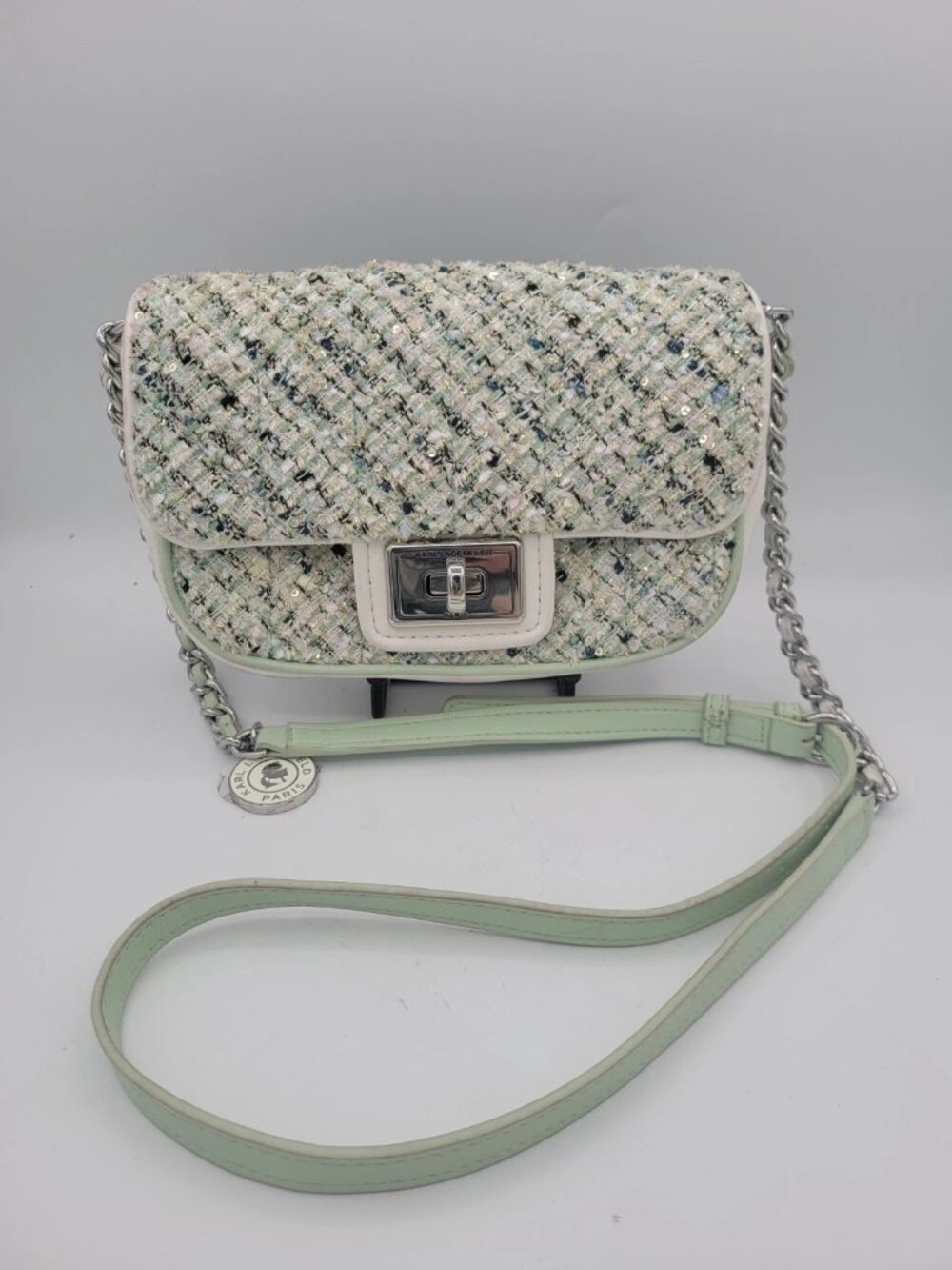 Karl Lagerfeld Paris Agyness Shoulder Bag Purse Woven Green Silver Crossbody